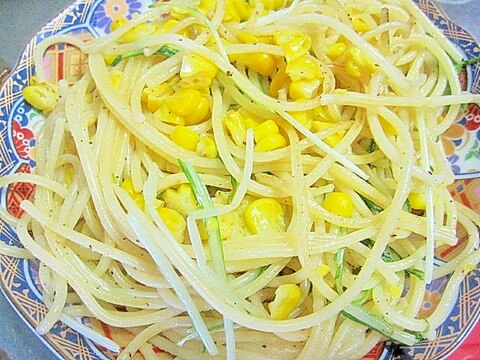 水菜とコーンのパスタ